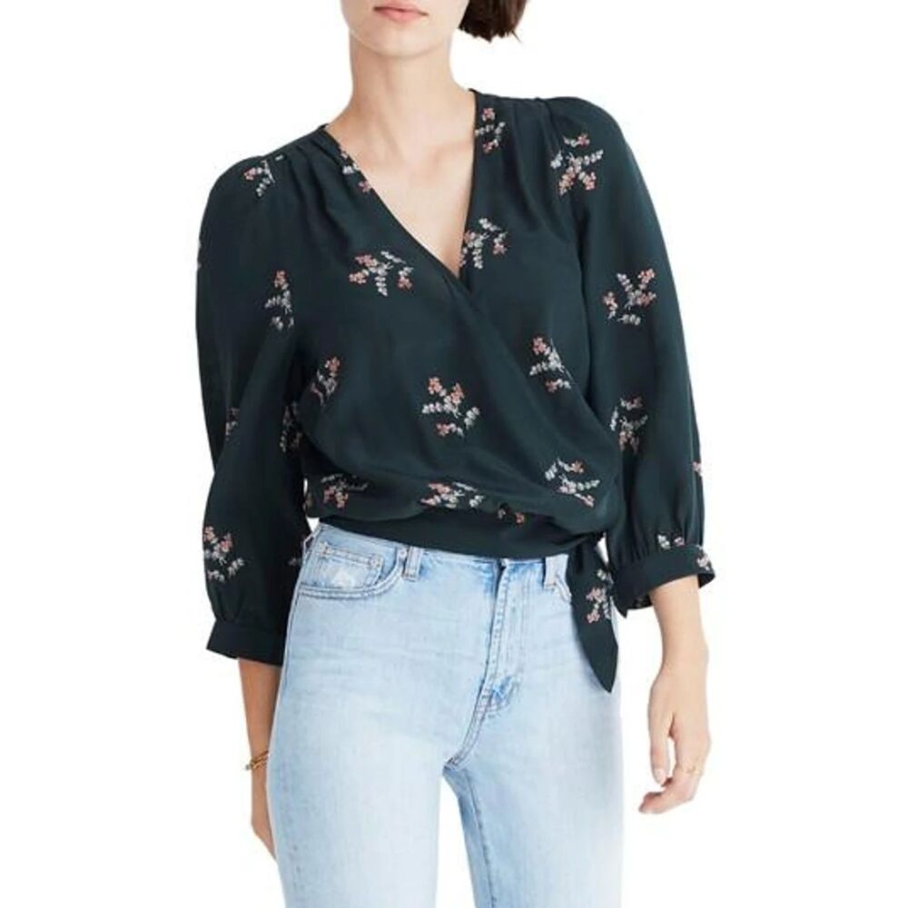 MADEWELL Top Womens Small Green Floral Surplice Wrap WILD BOTANIC 100% Silk